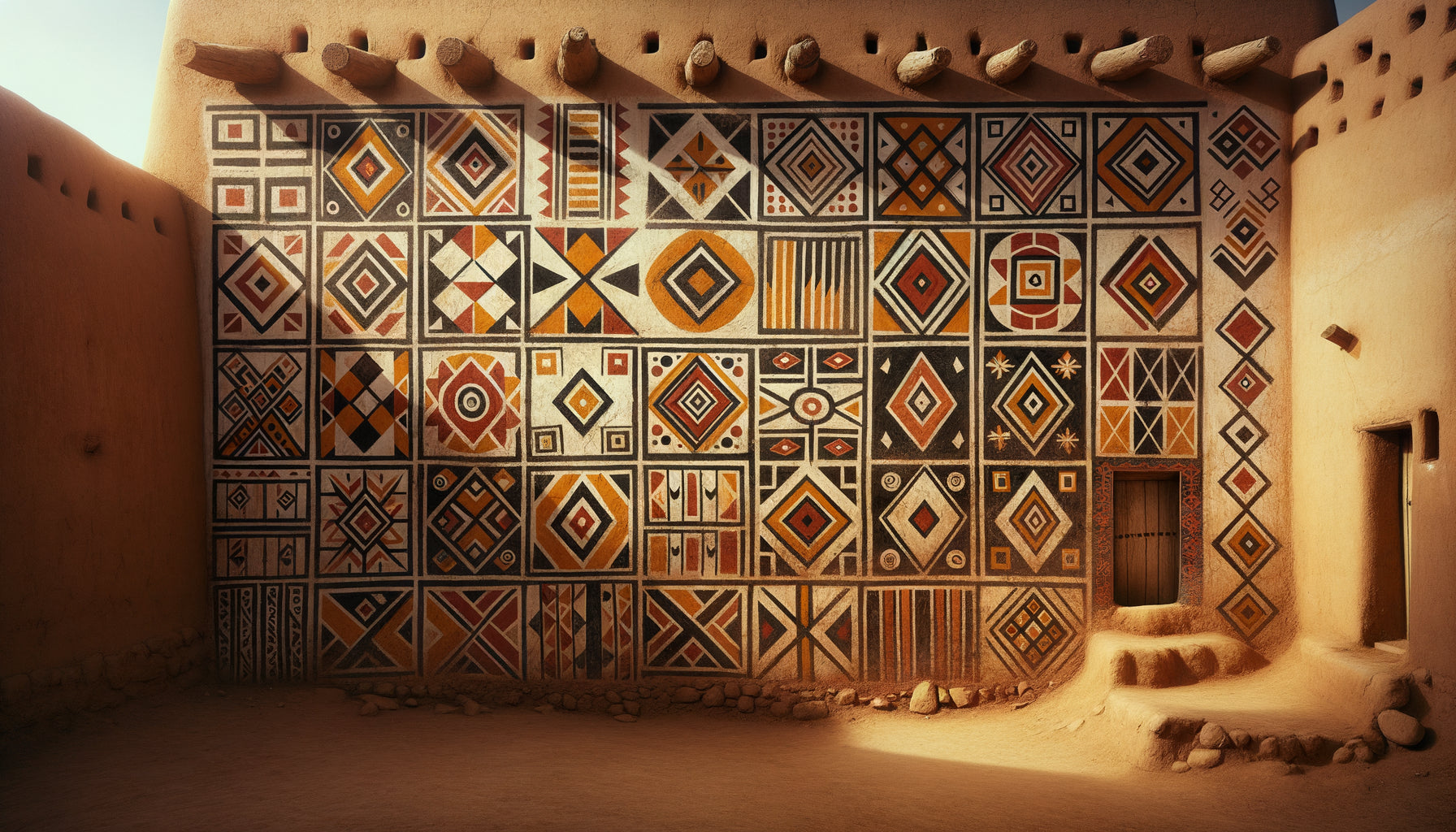 Mur traditionnel berbère orné de symboles géométriques ancestraux servant de système de communication inter-tribal en Afrique du Nord