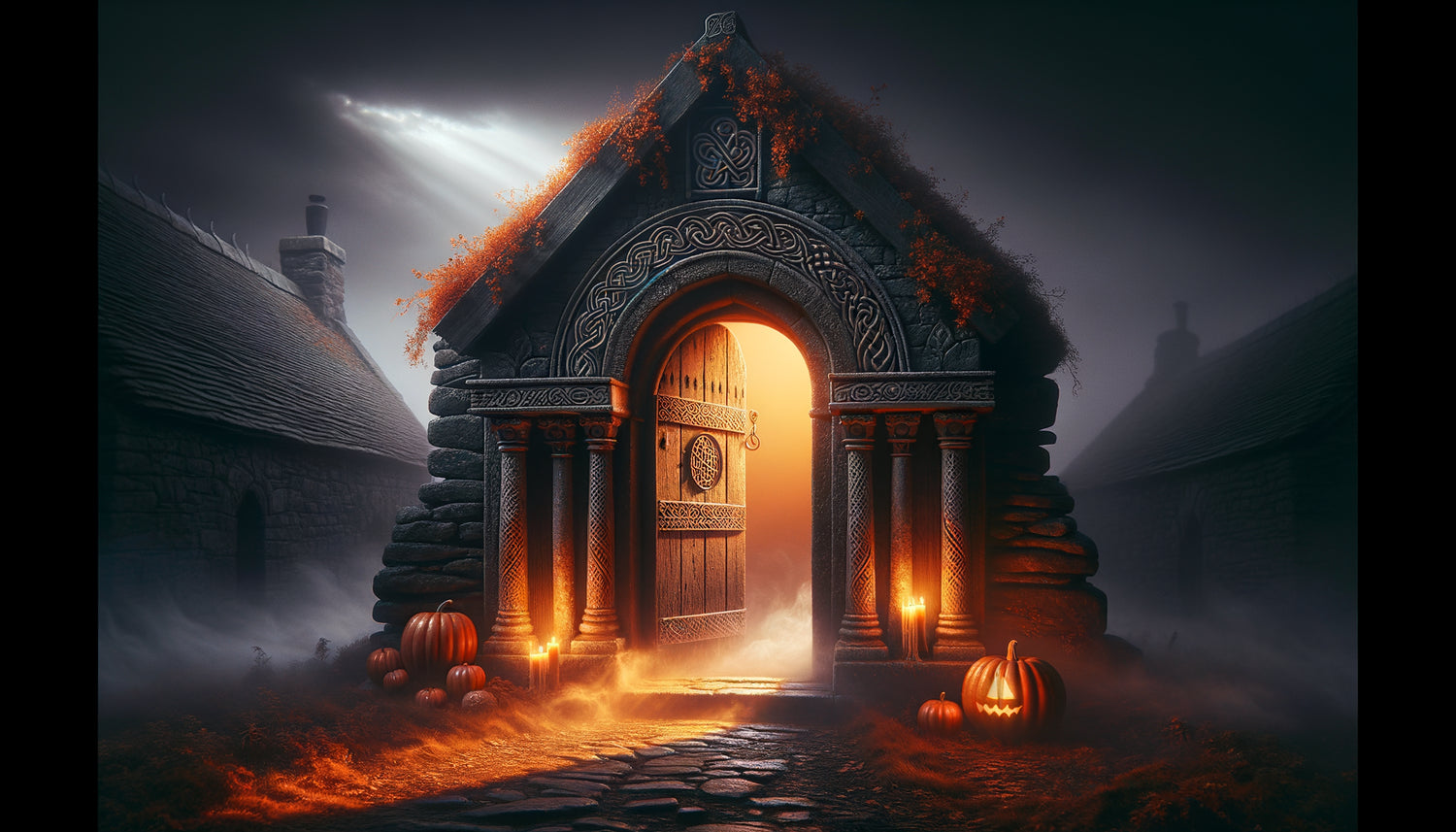 Porte ancienne sculptée de symboles celtes servant de seuil mystique entre mondes, atmosphère Halloween traditionnelle avec brume et lumière dramatique