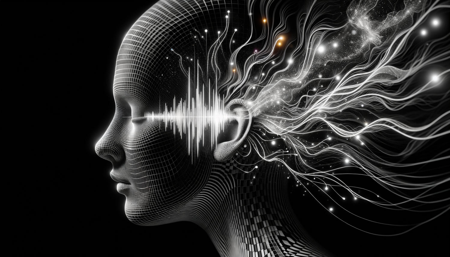 Représentation conceptuelle de la synesthésie son-couleur montrant des ondes sonores émanant de motifs noir et blanc vers l'oreille humaine