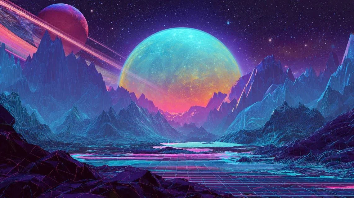 Synthwave et imagerie rétro-futuriste spatiale en décoration