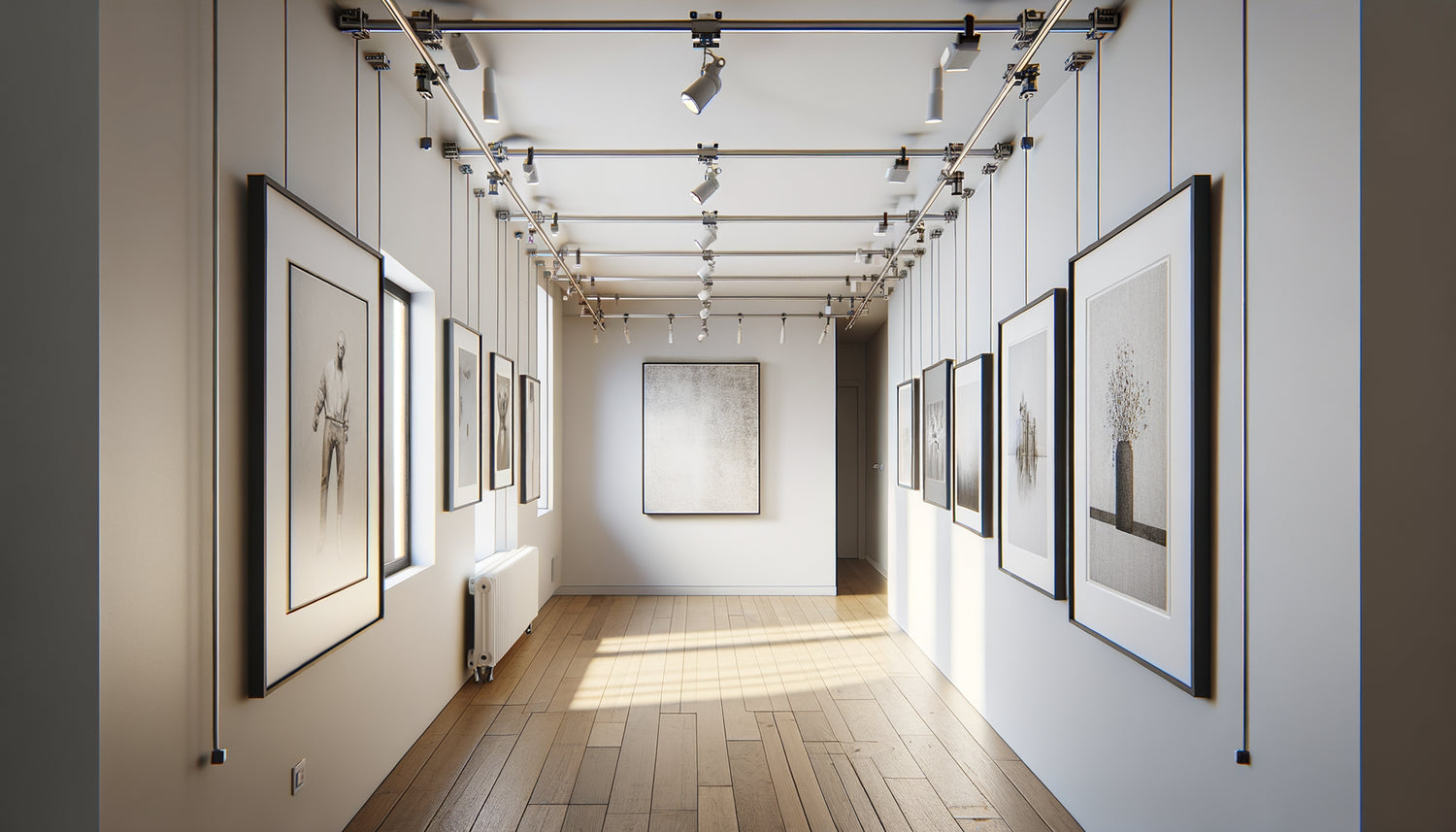 Couloir résidentiel moderne avec système de cimaise à rails au plafond et câbles ajustables suspendant des tableaux encadrés