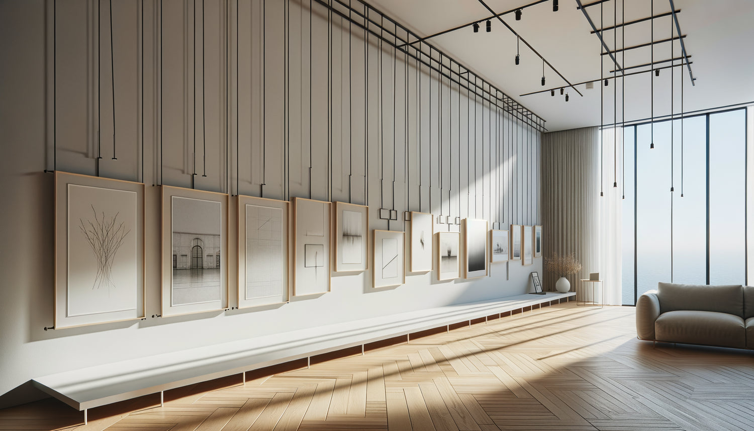 Système de cimaises moderne avec rails muraux et câbles suspendant plusieurs œuvres d'art dans intérieur contemporain minimaliste