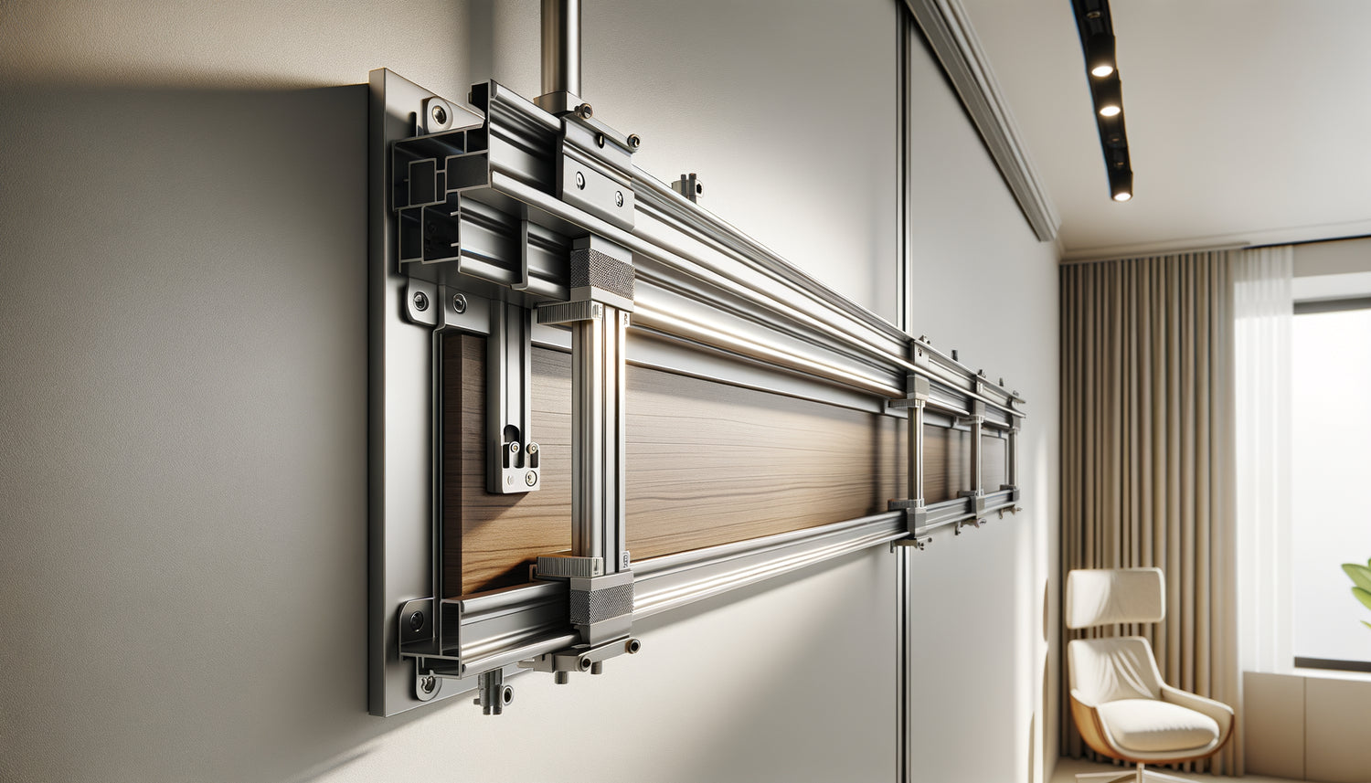 Système de crémaillère murale en aluminium avec réglage millimétrique pour suspension de panneau décoratif