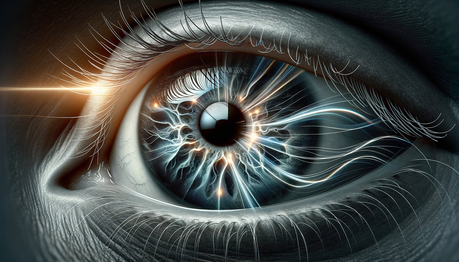 Visualisation scientifique de l'œil humain traitant les contrastes noir-blanc via le système magnocellulaire