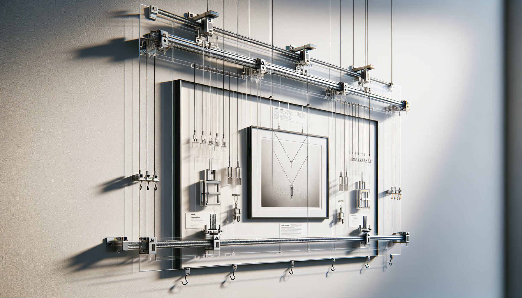 Système de cimaise murale professionnelle avec câbles transparents et crochets ajustables pour accrochage modulable de tableaux