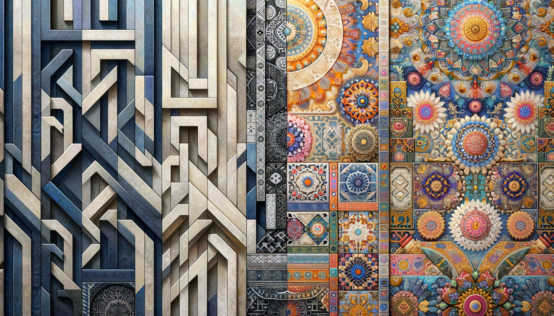 Comparaison visuelle entre systemic painting minimaliste et pattern painting décoratif, mouvements new-yorkais des années 1970