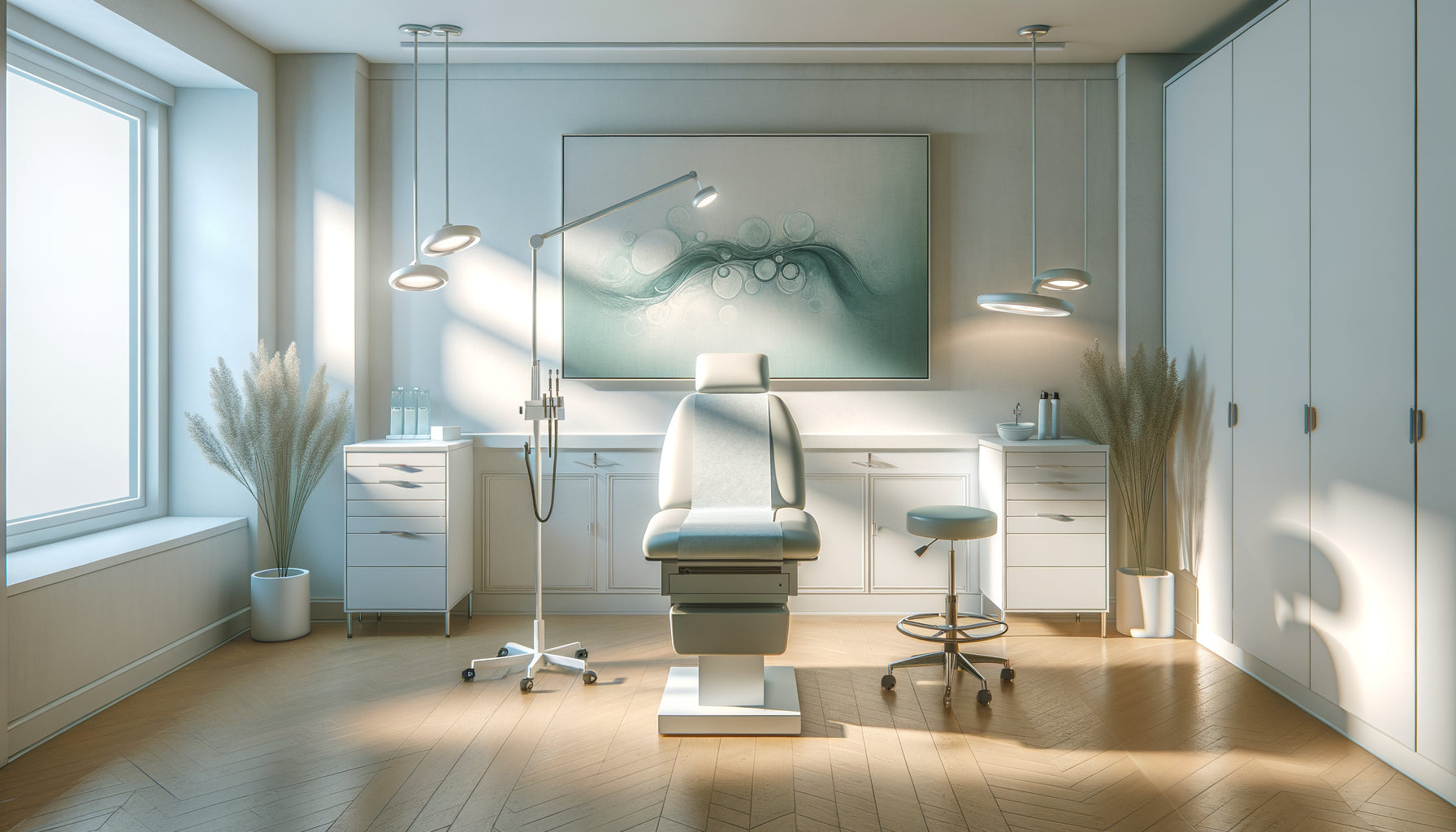 Salle d'examen gynécologique moderne avec tableau apaisant de 60-80cm aux tons pastel, créant une ambiance sereine et professionnelle