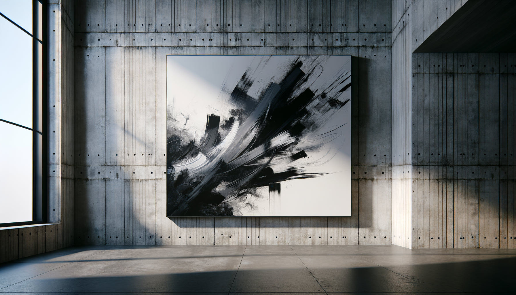 Grand tableau abstrait gestuel noir et blanc accroché sur mur en béton brut dans intérieur industriel contemporain