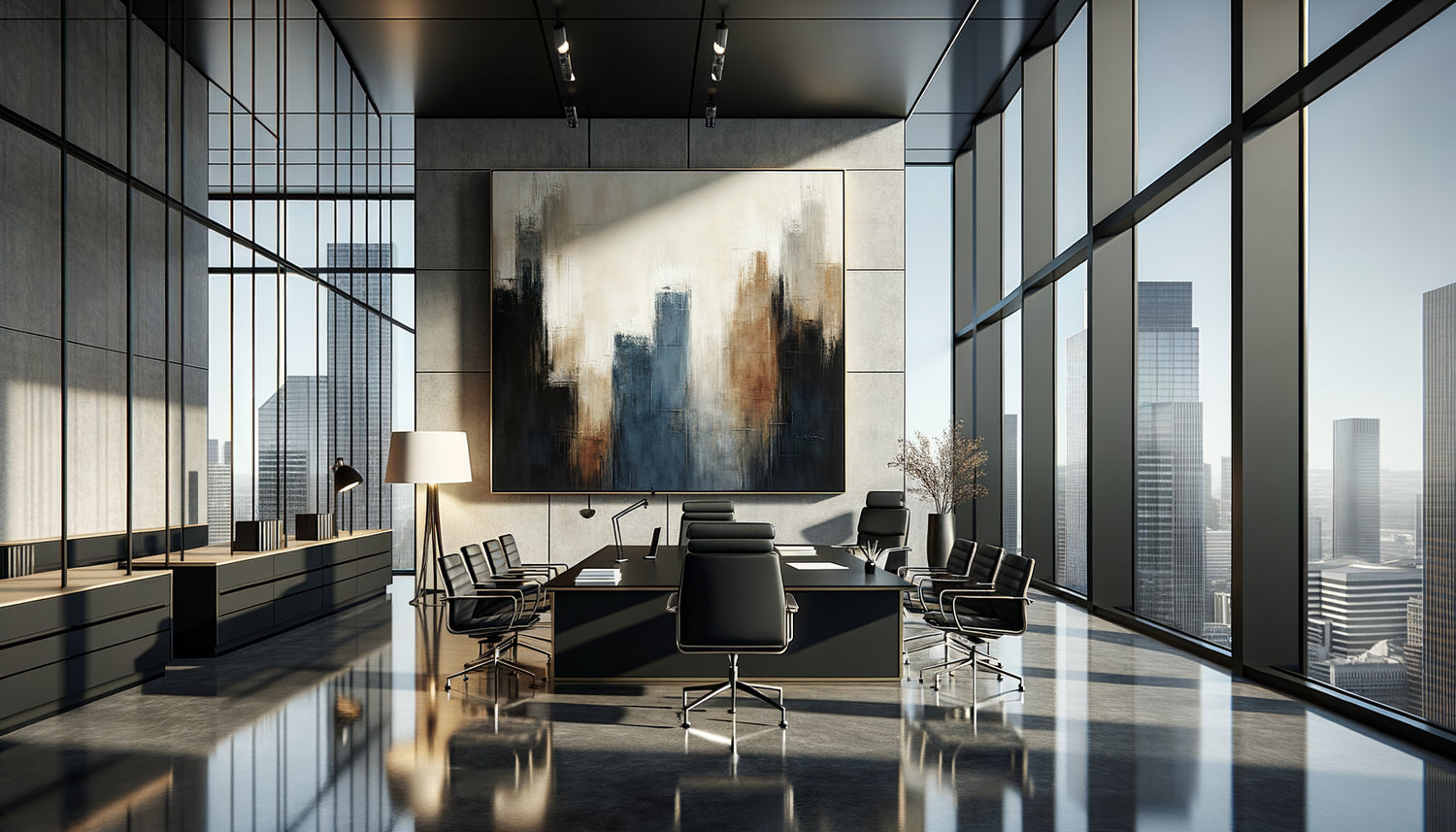 Grand tableau abstrait contemporain aux tons sophistiqués dans cabinet d'avocat moderne avec baies vitrées