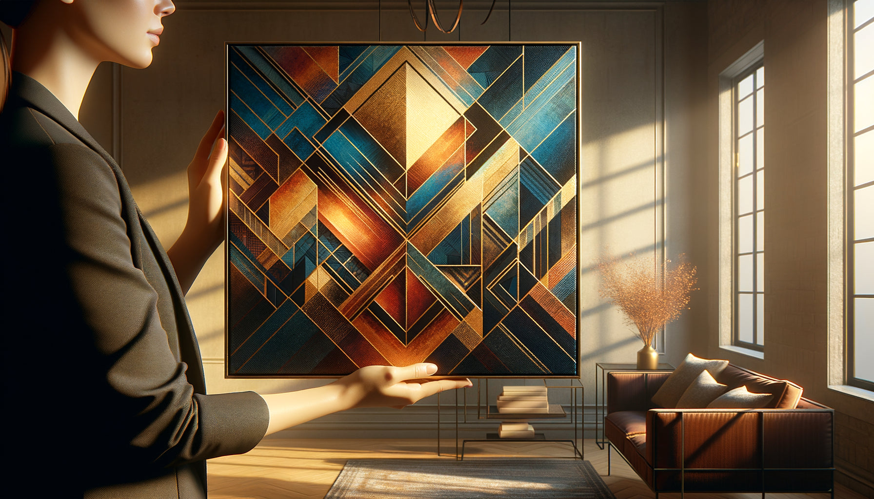 Mains tenant un tableau abstrait contemporain aux couleurs vives, scène intime de choix de cadeau personnalisé