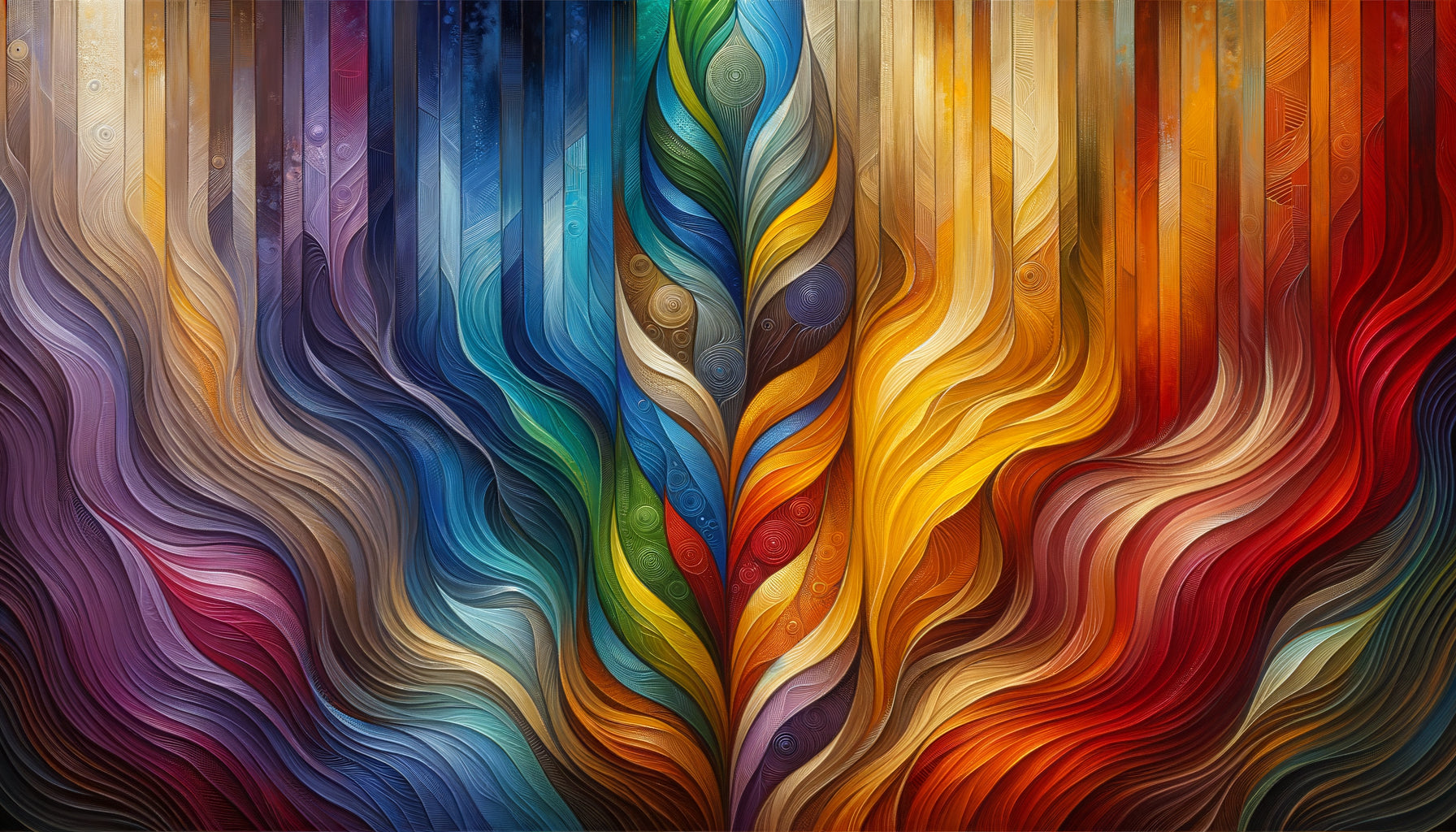 Peinture abstraite contemporaine en progression chromatique verticale évoquant subtilement les chakras par les couleurs et géométrie sacrée