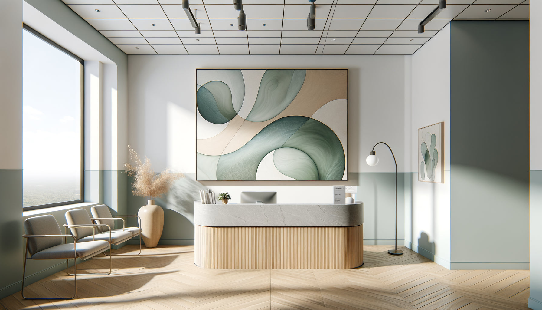 Cabinet médical moderne avec tableau abstrait organique aux tons apaisants vert sauge et bleu sur mur blanc épuré