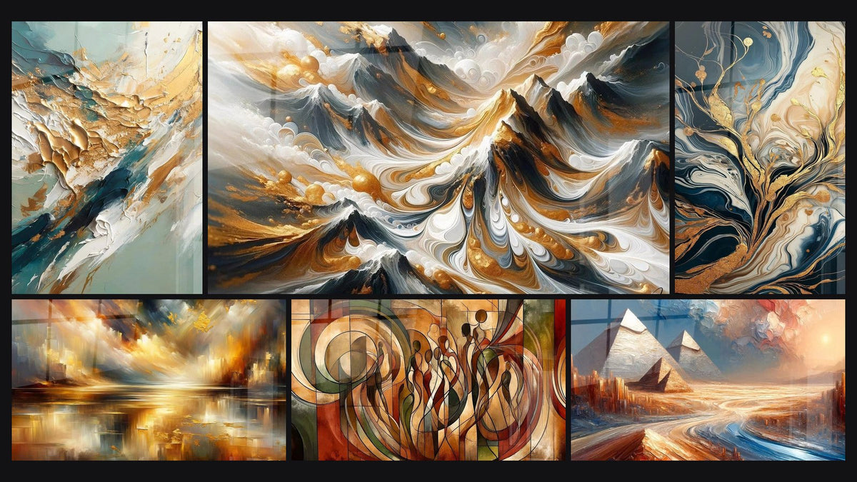Mosaic of six paintings, including Golden Flux and Reflux, Golden Reflections City and Golden Crests
