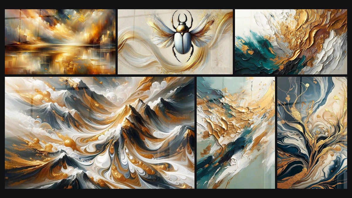 Mosaic of six paintings, including Golden Reflections City, Golden Crests and Golden Flux and Reflux