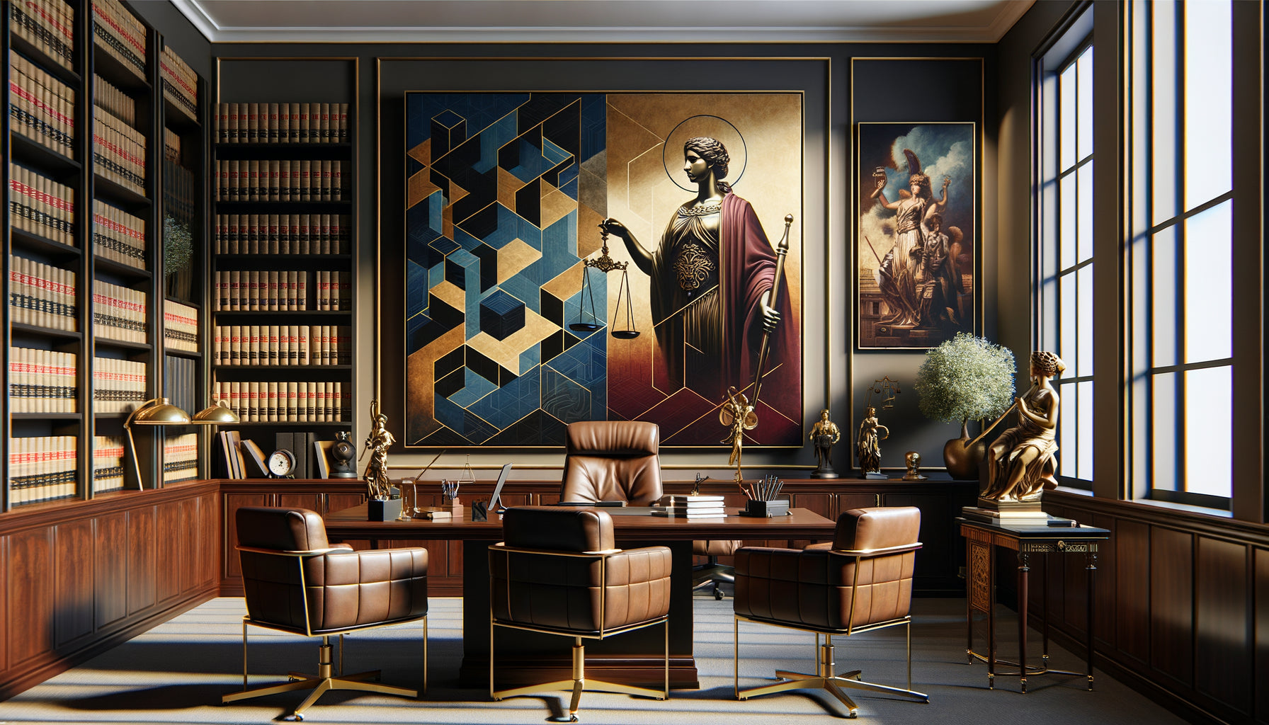 Bureau juridique moderne présentant tableau abstrait et peinture figurative classique côte à côte pour comparaison