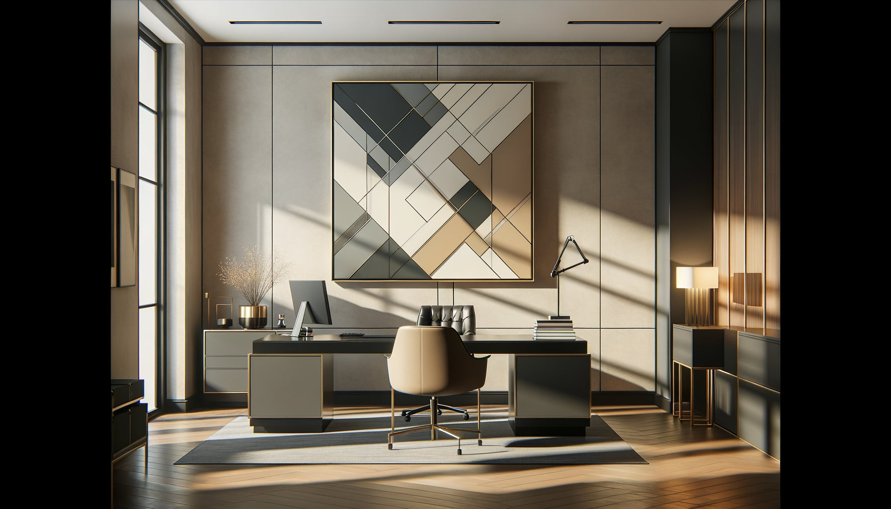 Tableau abstrait géométrique aux tons neutres dans un cabinet d'avocat contemporain professionnel