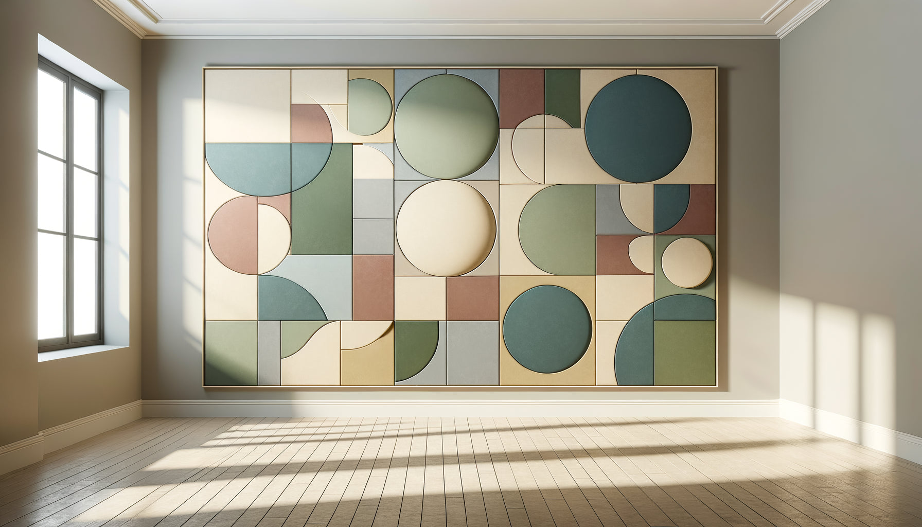 Tableau abstrait géométrique aux couleurs tertiaires neutres dans une salle polyvalente moderne et lumineuse