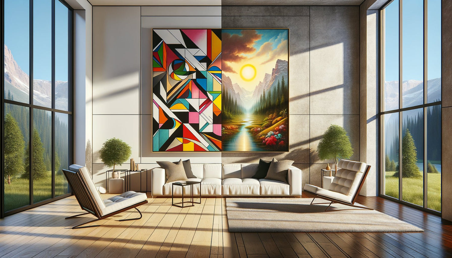 Comparaison visuelle entre tableau abstrait géométrique coloré et peinture figurative naturaliste dans un même intérieur contemporain