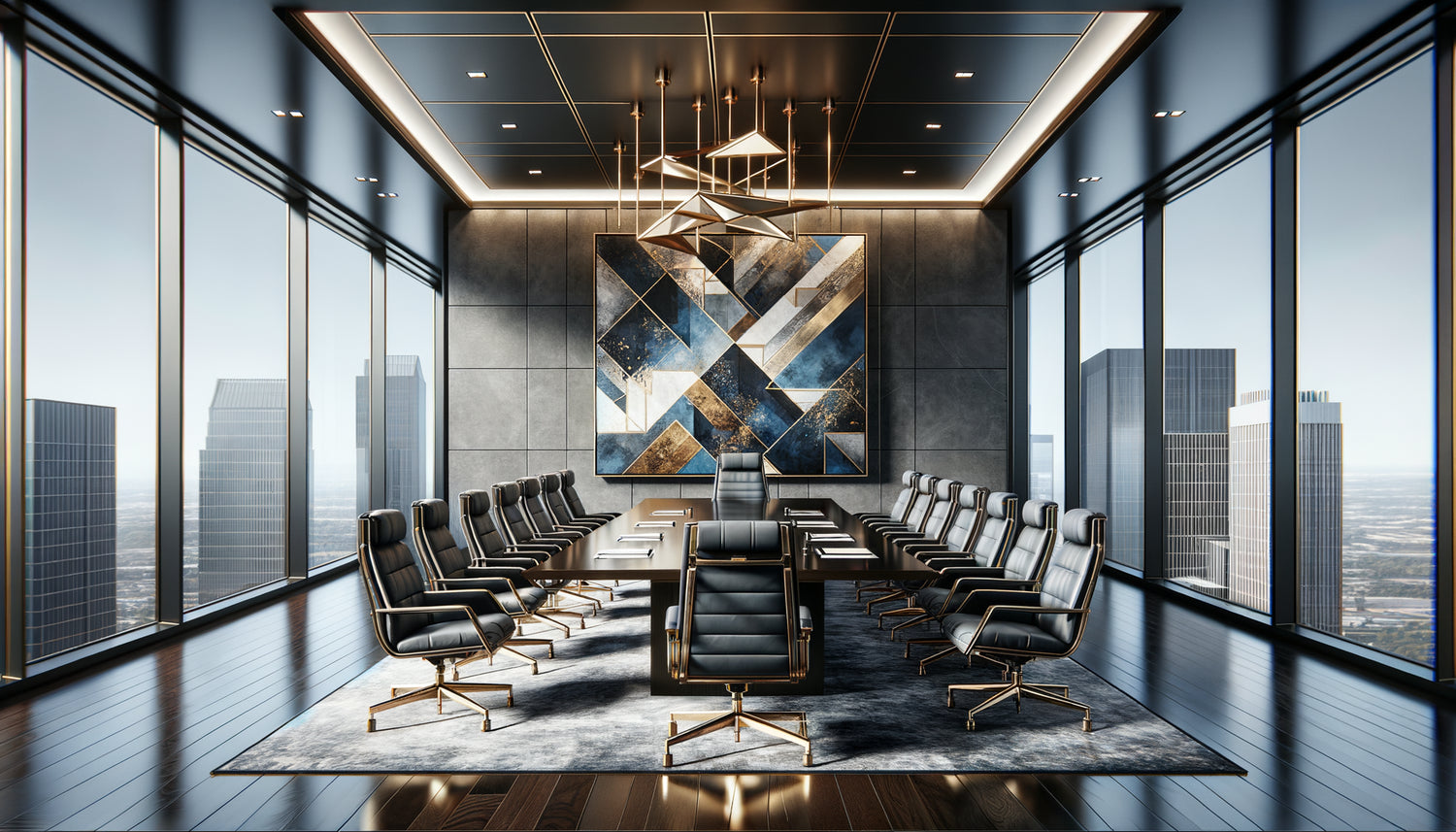 Salle de conseil moderne avec grand tableau abstrait aux tons bleus et dorés sur mur principal