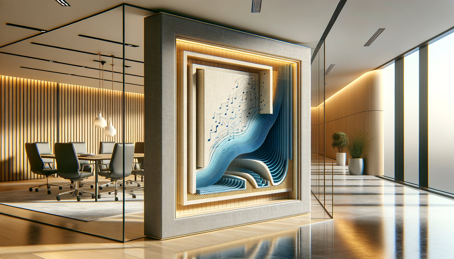 Tableau acoustique moderne sur mur absorbant les ondes sonores dans une salle réverbérante, vue technique en coupe