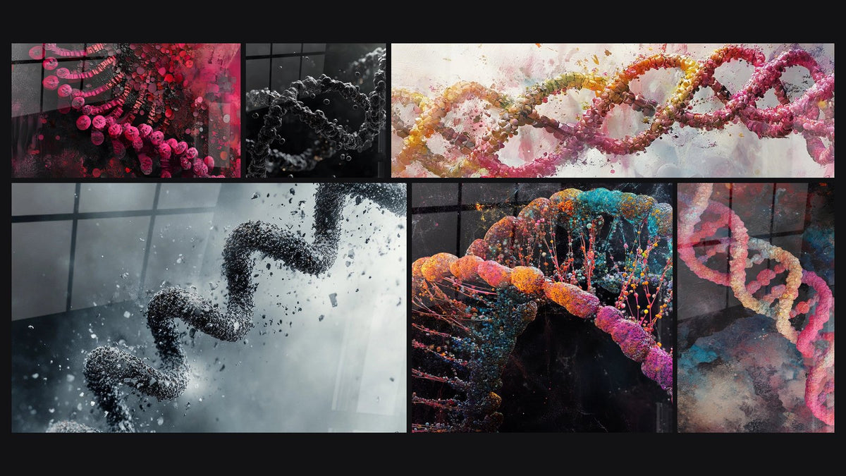Mosaic of six paintings, including Abstract DNA, DNA Helix in Disintegration and DNA Helix Black and White