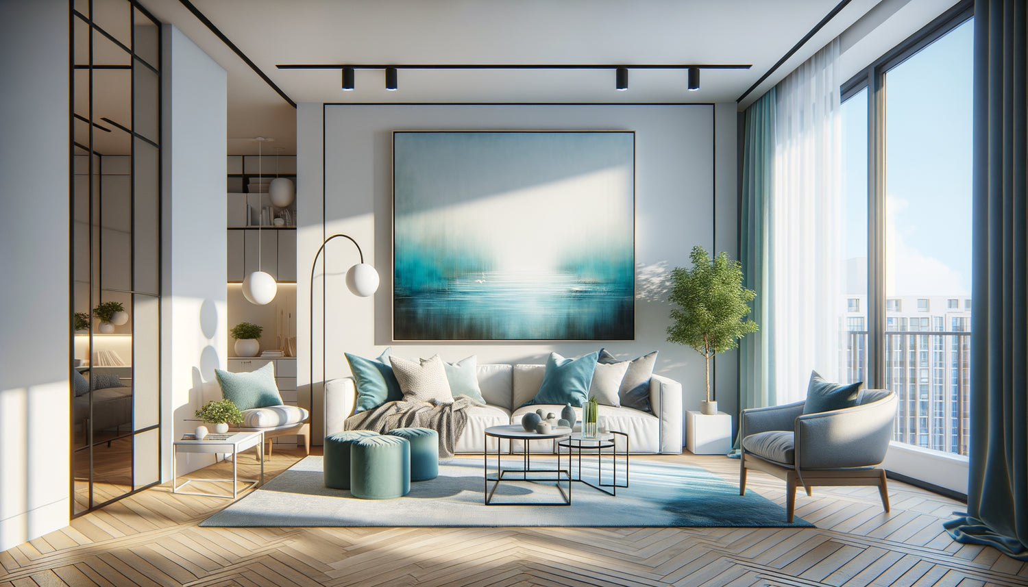 Grand tableau vertical aux tons froids bleus dans petit appartement contemporain créant illusion d'espace et profondeur