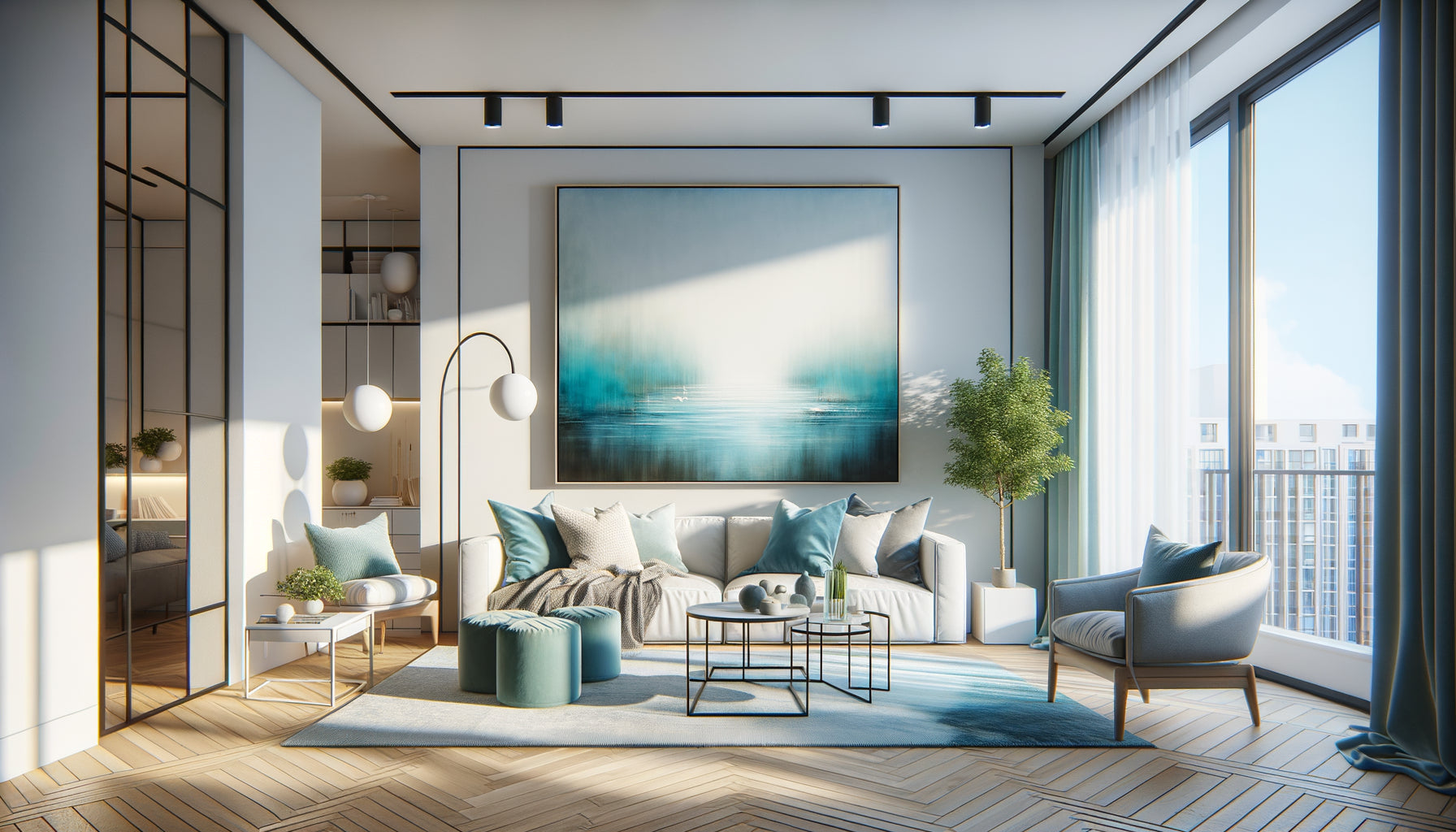 Grand tableau vertical aux tons froids bleus dans petit appartement contemporain créant illusion d'espace et profondeur