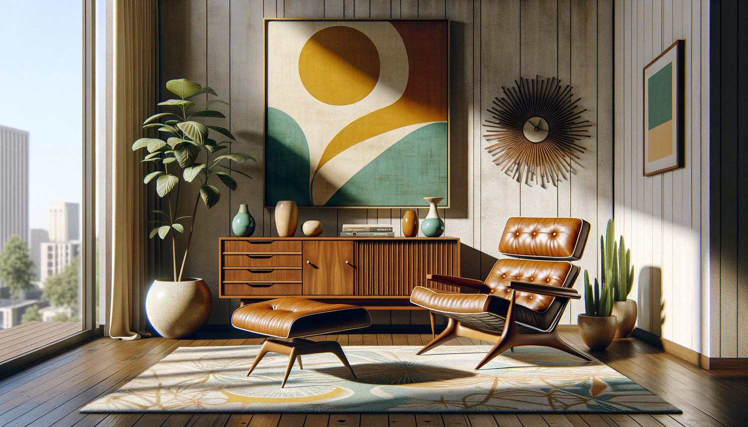 Intérieur Airbnb mid-century modern années 50-60 avec tableau abstrait aux couleurs vintage et mobilier iconique en teck