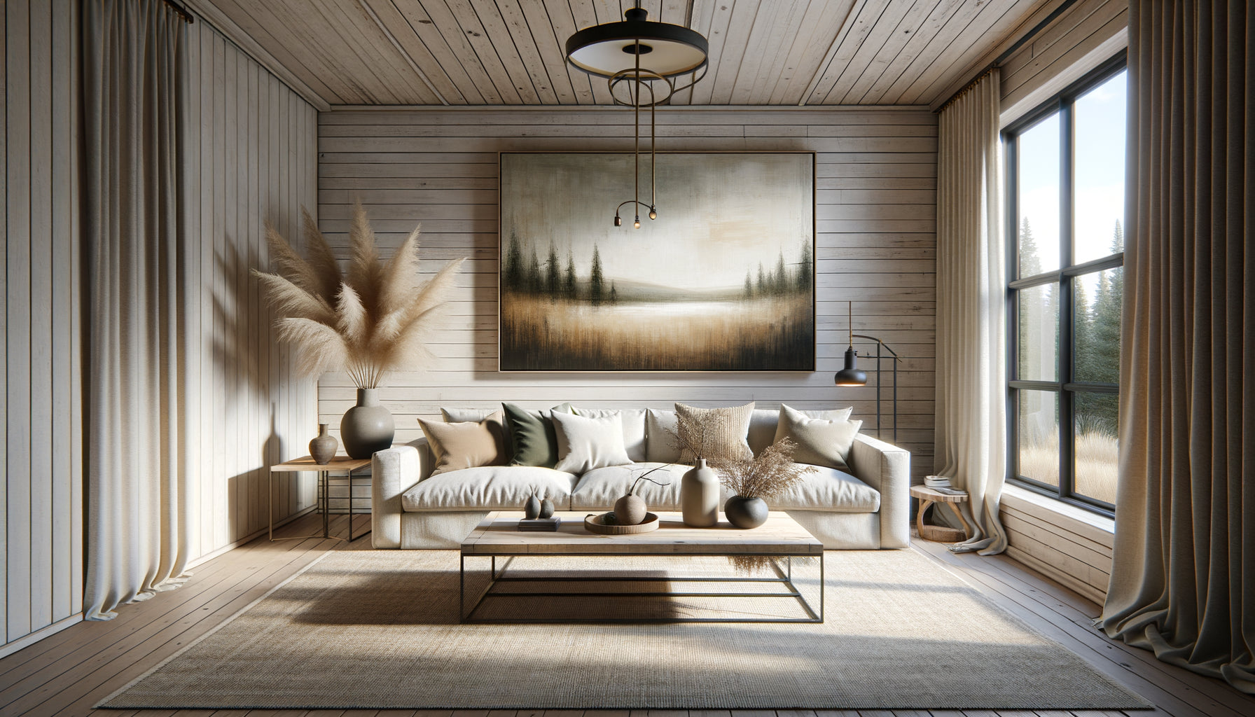 Intérieur Airbnb néo-rustique moderne avec tableau abstrait aux tons naturels, poutres bois et décoration épurée sophistiquée