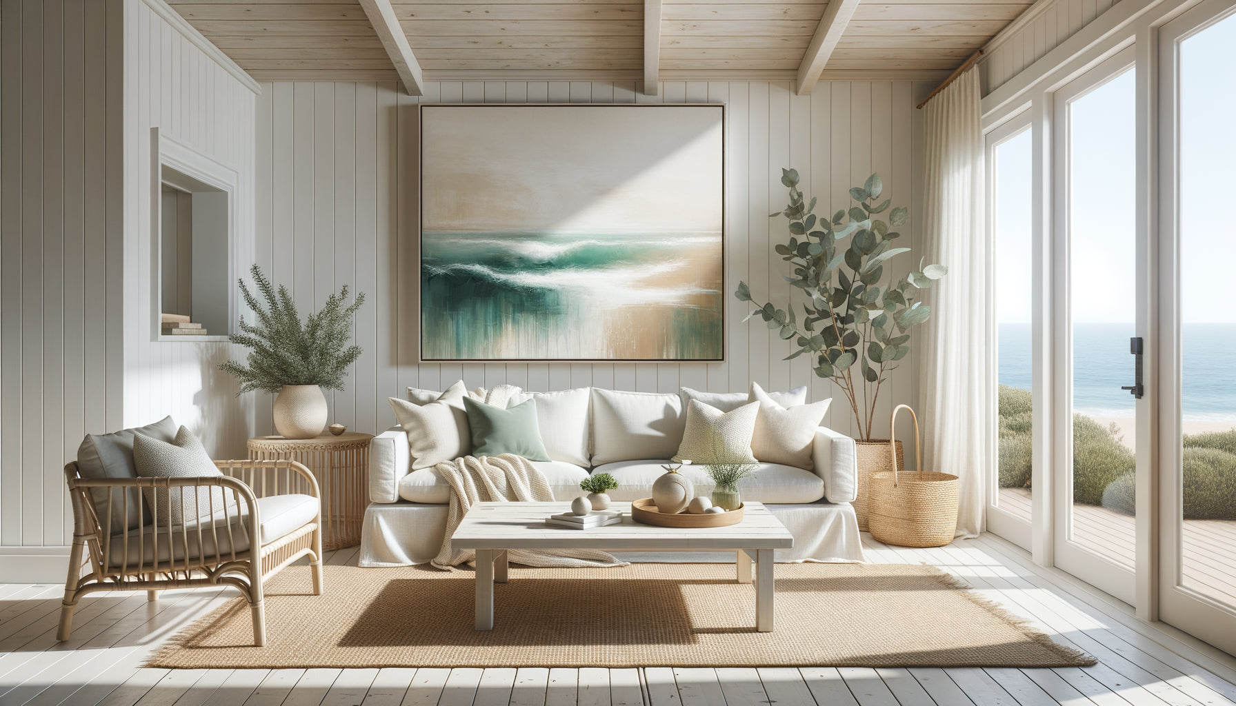 Salon Airbnb style californien décontracté avec grand tableau abstrait tons océan sur mur blanc
