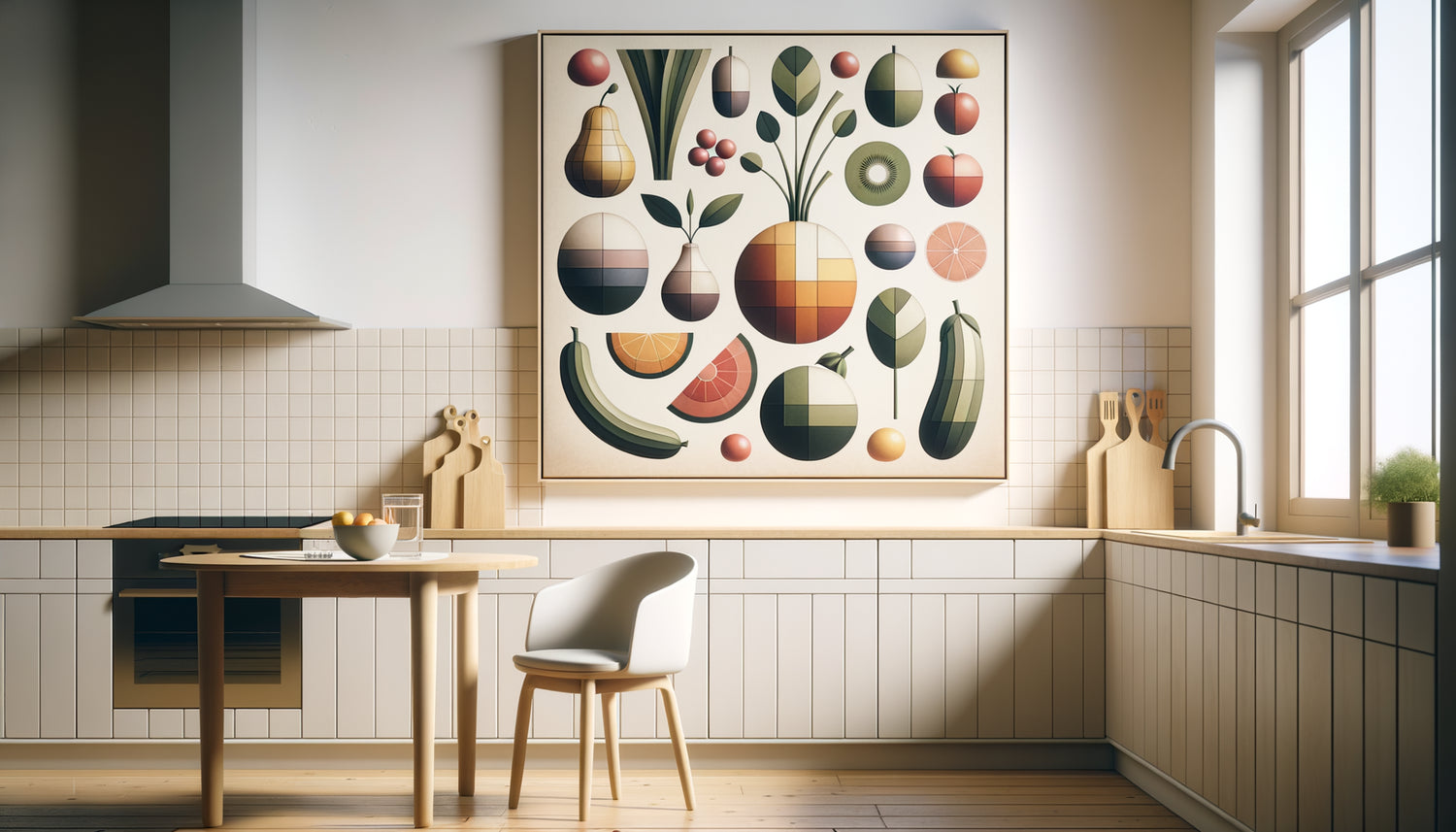 Tableau minimaliste abstrait représentant des aliments stylisés en formes géométriques, décoration culinaire hygiénique pour cuisine moderne