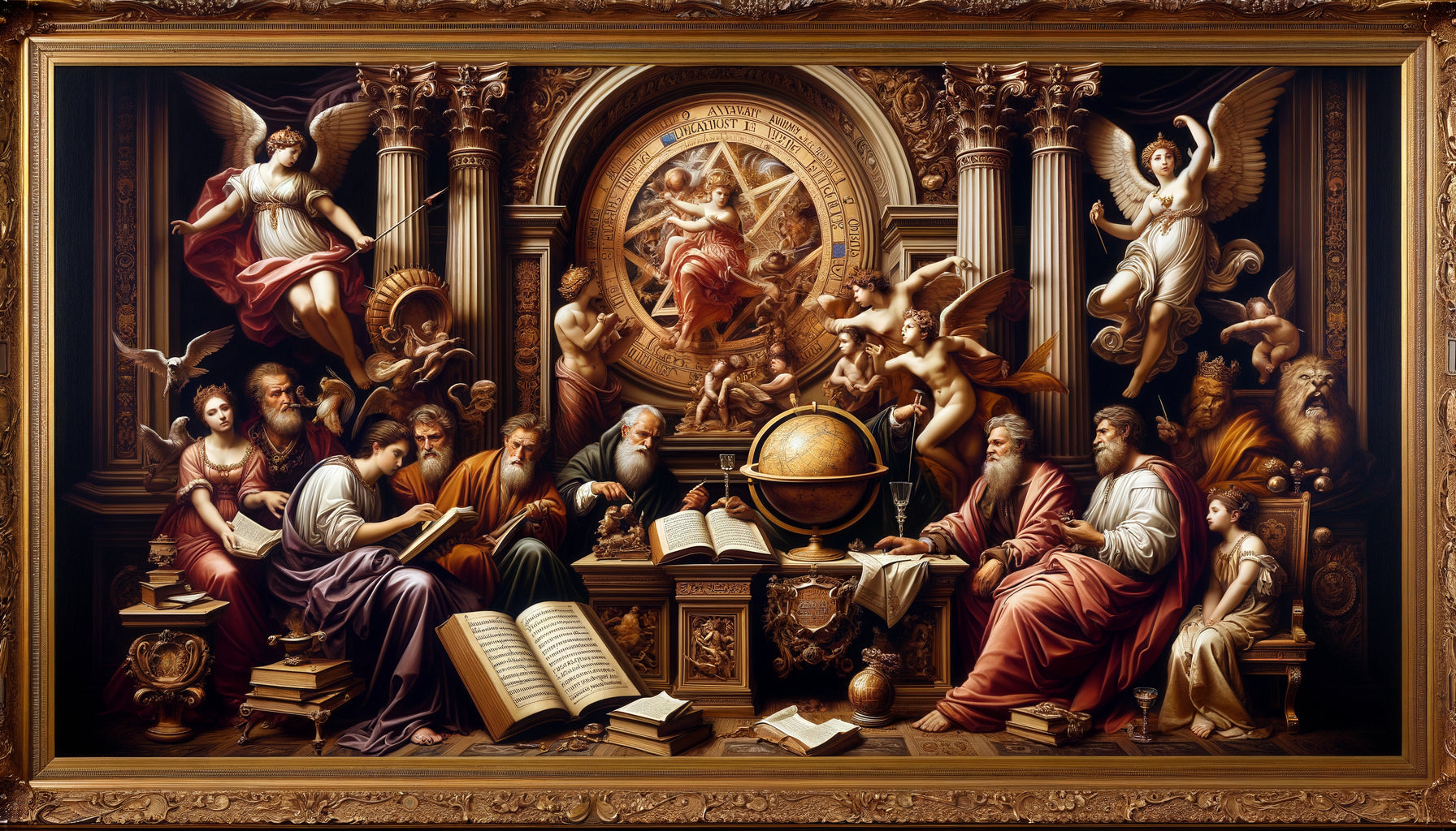 Tableau allégorique baroque du XVIIe siècle avec symboles mythologiques et figures classiques représentant l'érudition aristocratique