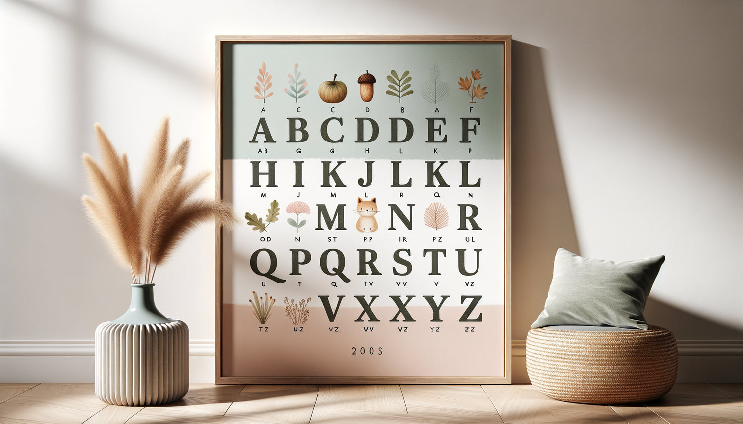 Tableau alphabet éducatif moderne avec lettres et illustrations aquarelle, style scandinave pour chambre d'enfant