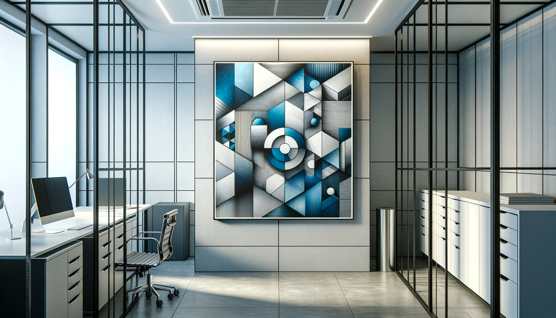 Tableau moderne sur support aluminium dibond avec protection acrylique installé dans cabinet climatisé professionnel contemporain