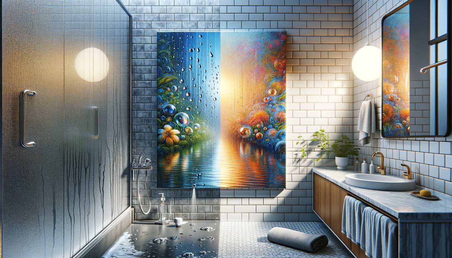 Comparaison visuelle entre tableau aluminium résistant à l'eau et toile traditionnelle dans salle de bain moderne