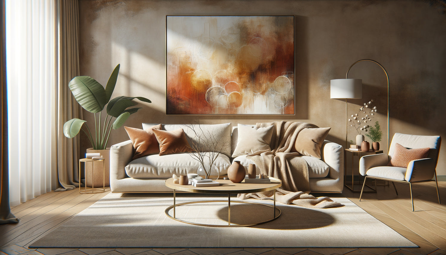 Salon contemporain chaleureux avec grand tableau aux tons terracotta et orangés créant une ambiance cocooning