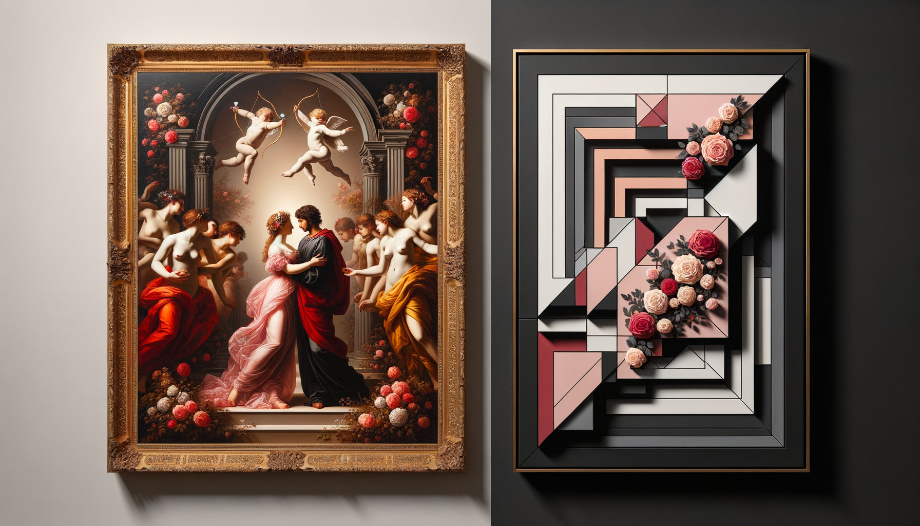 Comparaison visuelle entre tableau d'amour classique baroque orné et œuvre contemporaine minimaliste épurée côte à côte