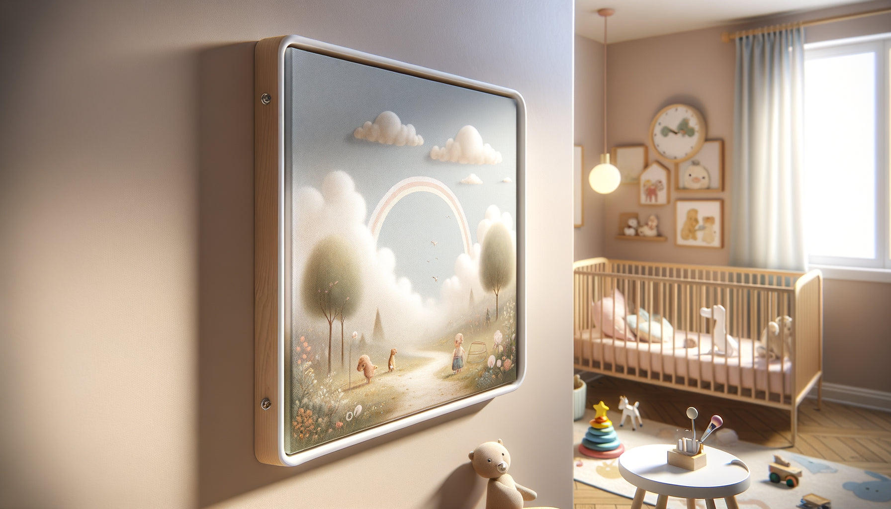 Tableau décoratif aux angles arrondis sécurisés dans une chambre d'enfant moderne avec cadre protecteur