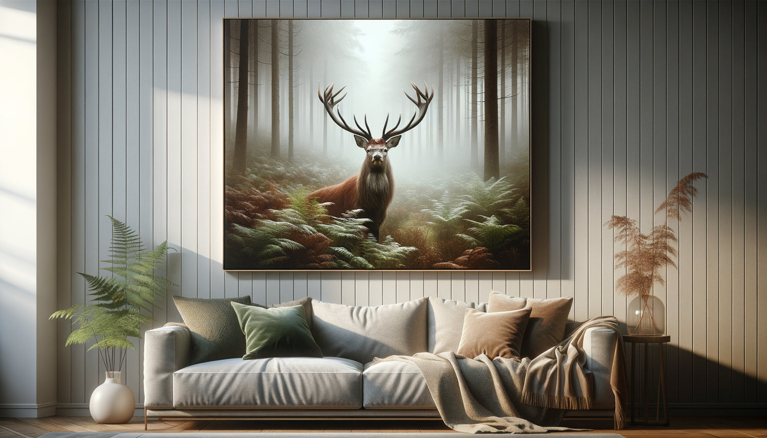 Tableau contemporain de cerf majestueux dans forêt brumeuse, ambiance naturelle apaisante, décoration intérieur