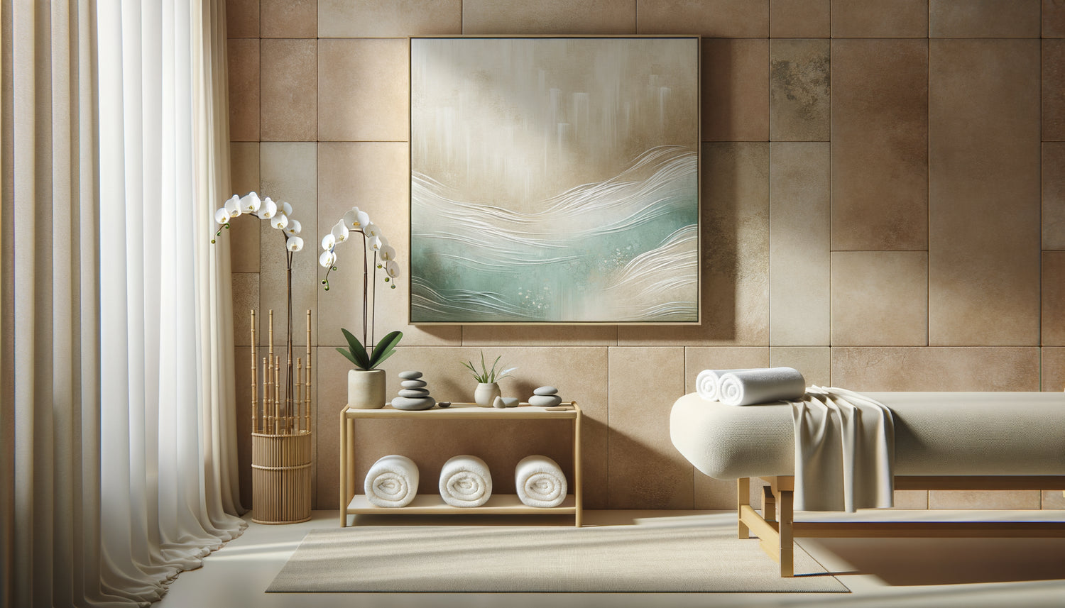 Intérieur spa apaisant avec tableau minimaliste aux tons bleus, mur pierre naturelle et décoration zen