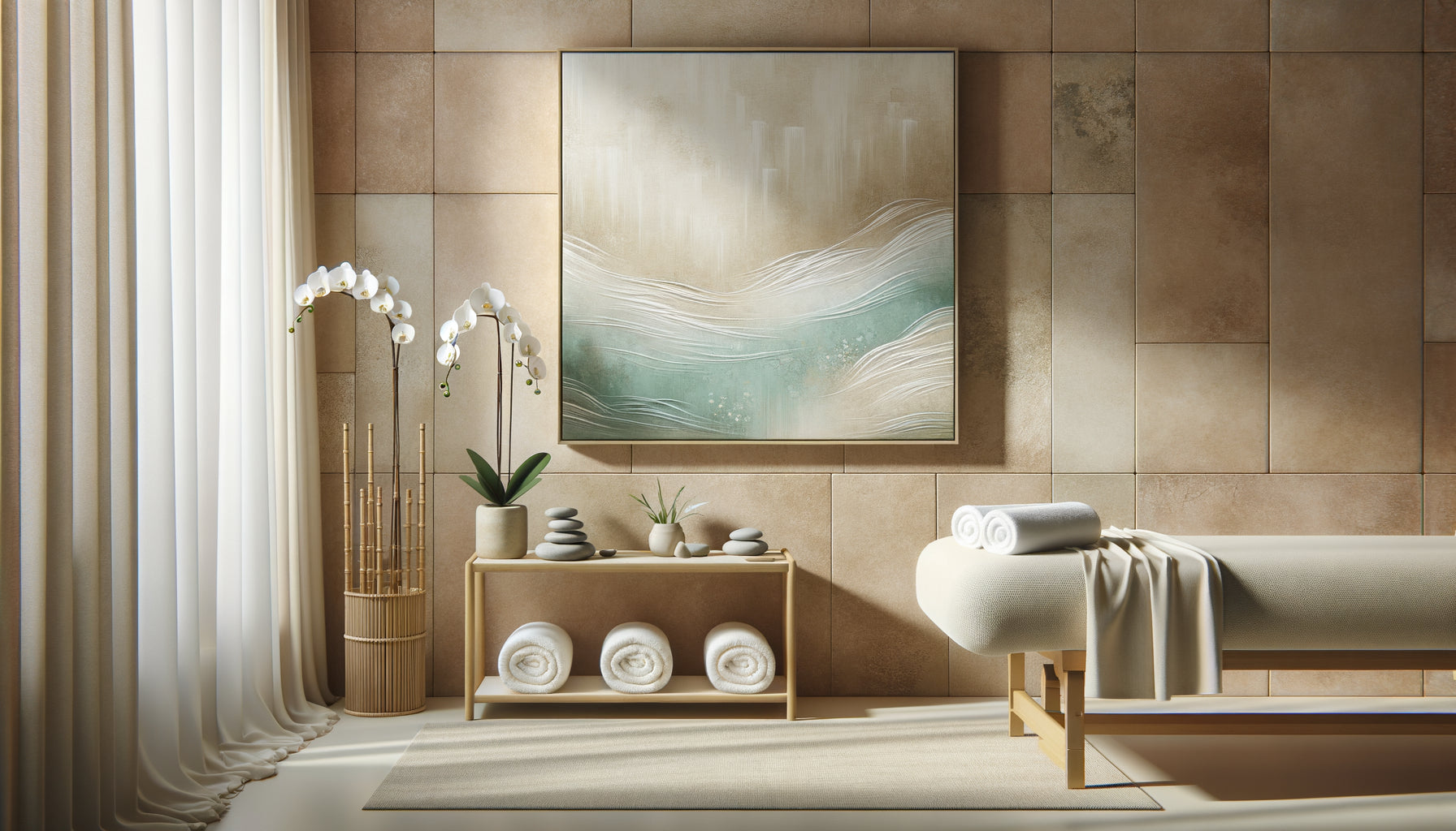 Intérieur spa apaisant avec tableau minimaliste aux tons bleus, mur pierre naturelle et décoration zen