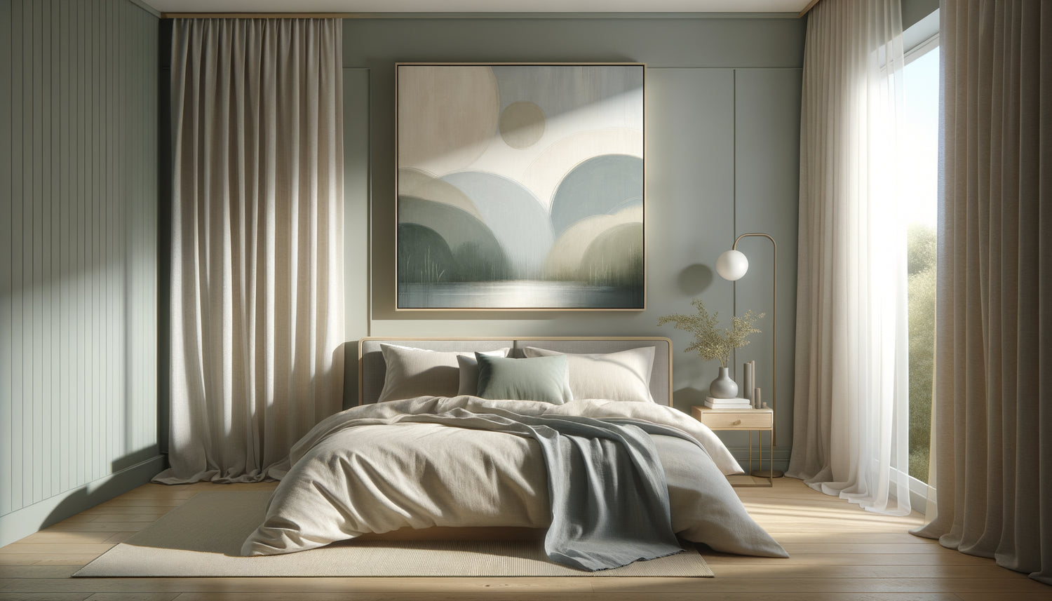 Chambre apaisante avec tableau aux tons bleus doux favorisant le sommeil et l'endormissement naturel