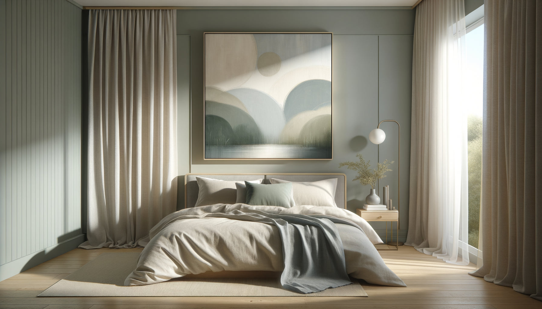 Chambre apaisante avec tableau aux tons bleus doux favorisant le sommeil et l'endormissement naturel