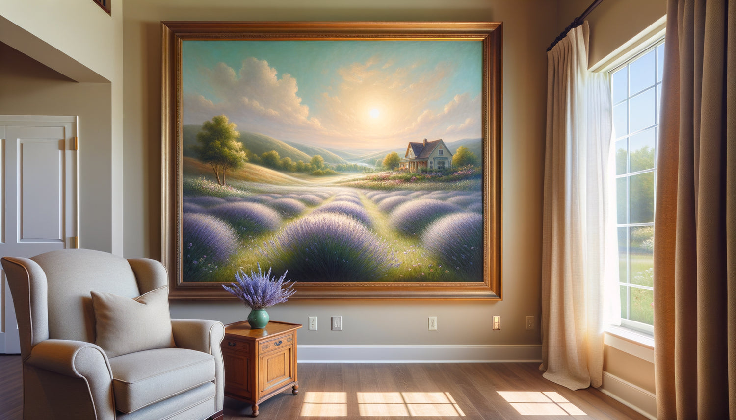 Tableau apaisant de paysage champêtre aux tons pastel dans une résidence seniors, style impressionniste doux