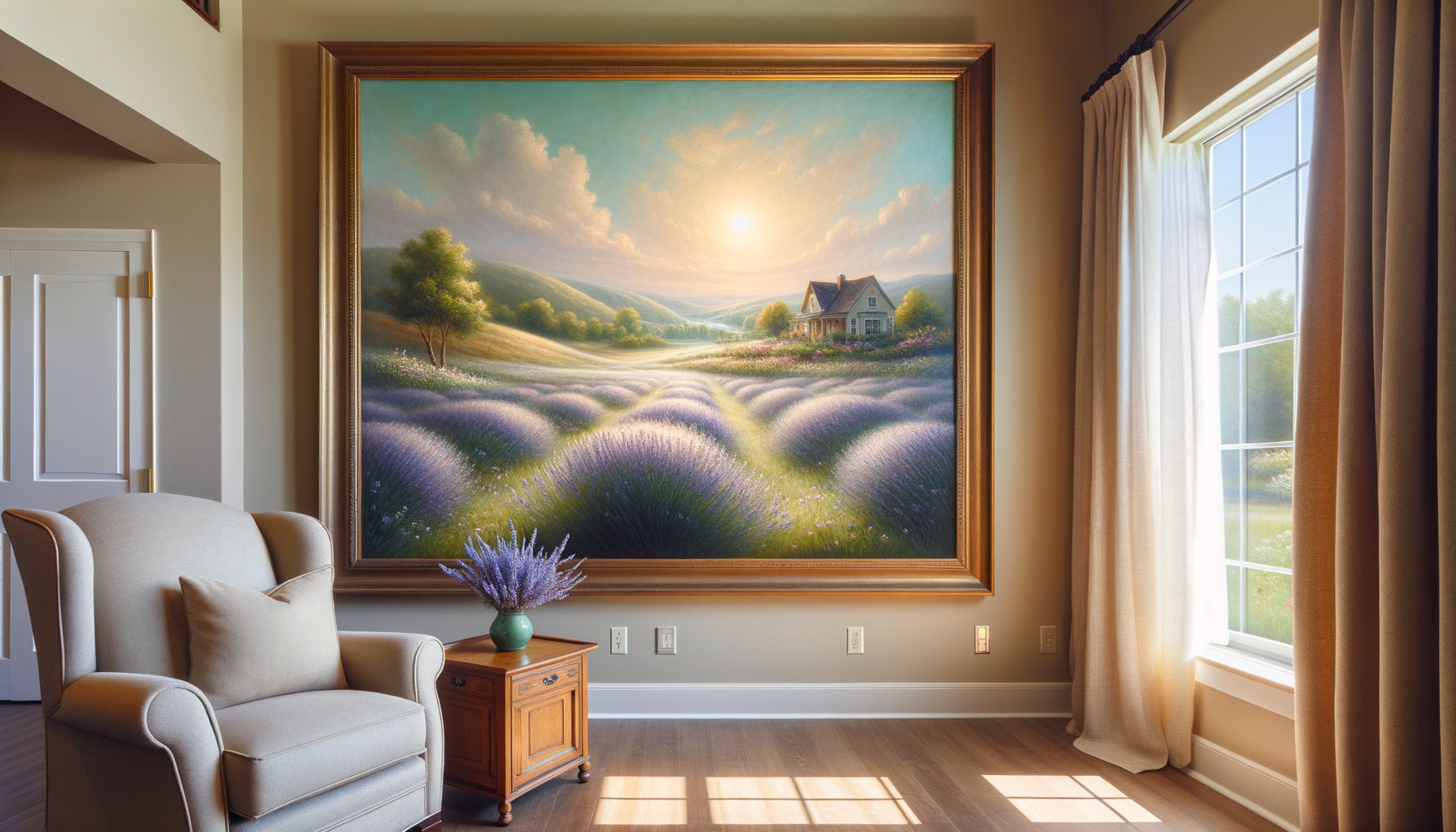 Tableau apaisant de paysage champêtre aux tons pastel dans une résidence seniors, style impressionniste doux