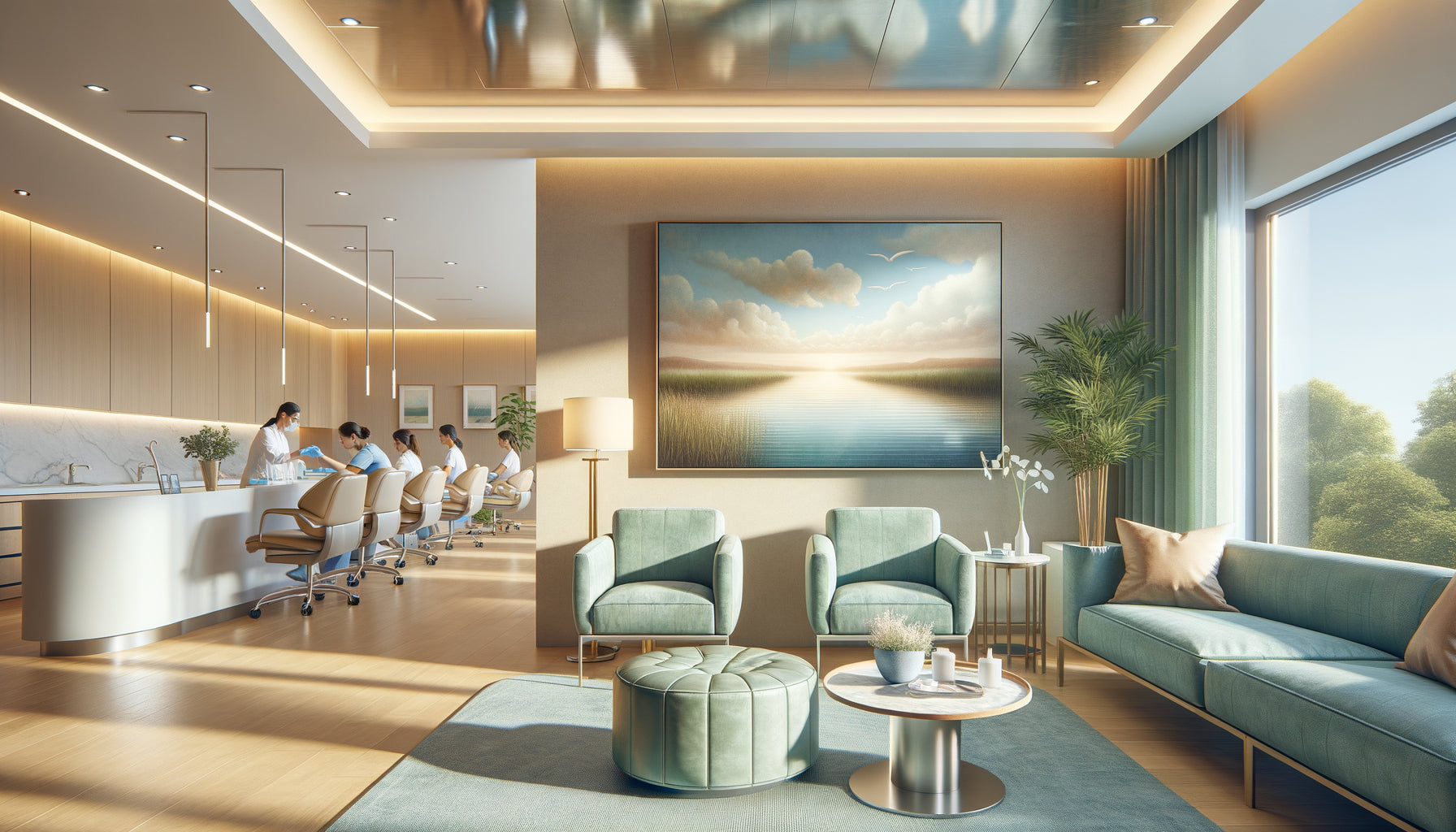 Tableau apaisant aux tons bleus et verts dans une salle d'attente de cabinet dentaire moderne
