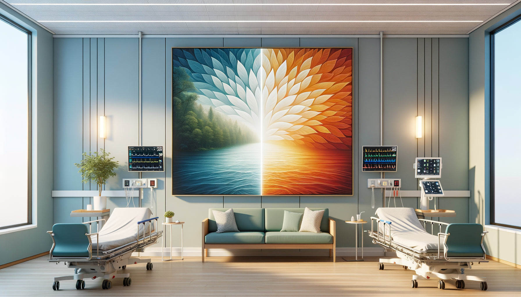 Comparaison visuelle entre tableau apaisant aux tons bleus et tableau stimulant aux couleurs vives en contexte hospitalier contemporain