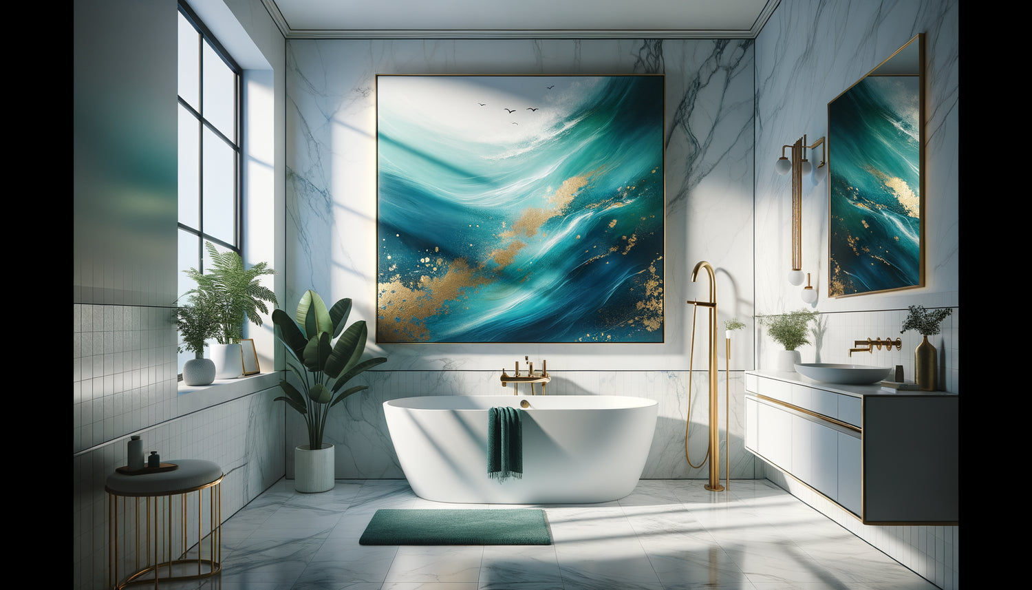 Salle de bain contemporaine élégante avec tableau abstrait aquatique sophistiqué au-dessus d'une baignoire îlot blanche