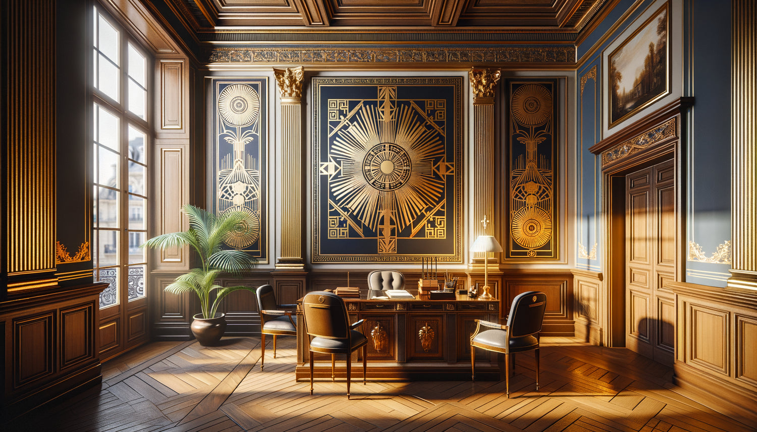 Tableau art déco années 1920 avec motifs géométriques dorés dans cabinet professionnel au sein d'un bâtiment historique avec boiseries anciennes