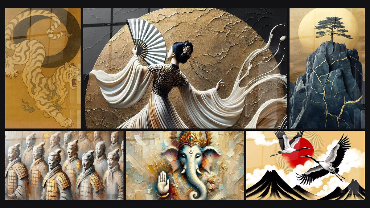 Mosaïque de six tableaux, dont Garde du Vide -Édition Chinois Asia, Les Guerriers du Temps et Asie N°2